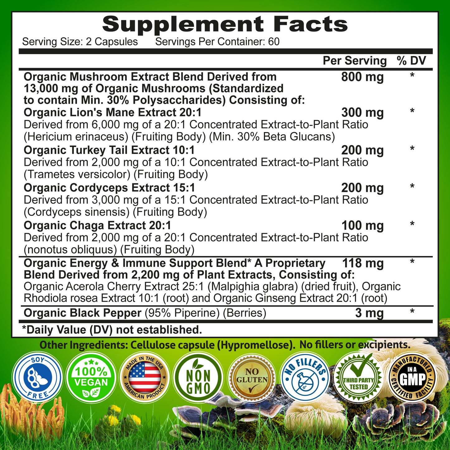 Organic Mushroom Complex: Lion's Mane, Turkey Tail, Cordyceps, Chaga, Contains Naturally Occurring Beta Glucans - Organic Energy & Immune Support Blend: Rhodiola Rosea, Ginseng & Acerola Cherry