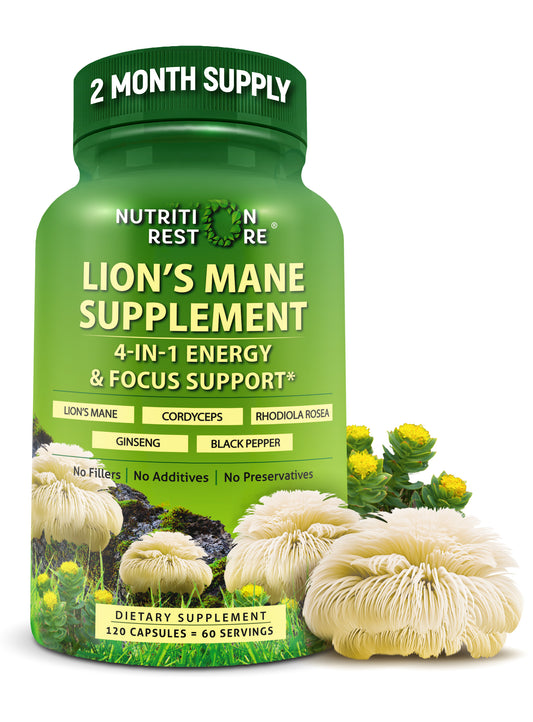 Organic Lion's Mane Supplement Capsules - Contains Naturally Occurring Beta Glucans & Polysaccharides, Enhanced with Organic Energy & Focus Support Blend: Cordyceps, Rhodiola Rosea, Ginseng